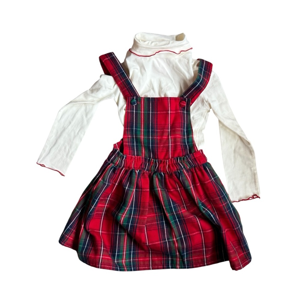 Tommy Bahama Red Plaid Pinafore Dress with cream Turtleneck